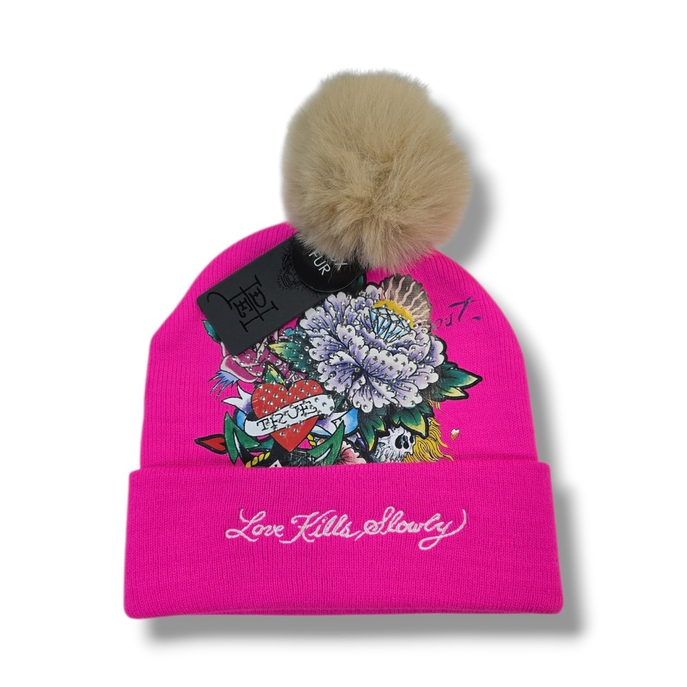 Ed Hardy "Love Kills Slowly" Tattoo Beanie Hat Pink Skull Roses NWT
